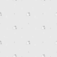 Minimal Scandinavian seamless pattern with small houses and trees, soft pastel tones, cozy winter village background for fabric, wallpaper and textile design. © Irena