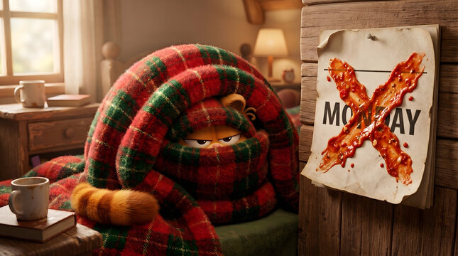 Grumpy Orange Cat Wrapped in a Cozy Plaid Blanket Avoiding Monday with a Humorous Ketchup X Mark on a Calendar Capturing a Relatable Mood of Dread for the Start of the Week
