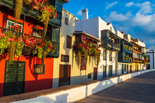 The Colorful Balconies of Avenida Maritima in Santa Cruz de la Palma, Canary islands, Spain. Traditional colonial architecture of Canary islands