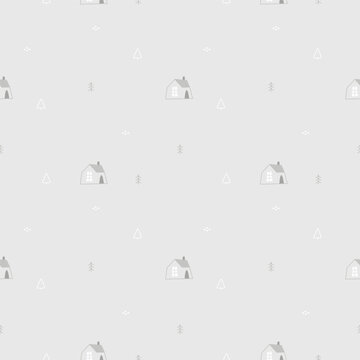 Minimal Scandinavian seamless pattern with small houses and trees, soft pastel tones, cozy winter village background for fabric, wallpaper and textile design.