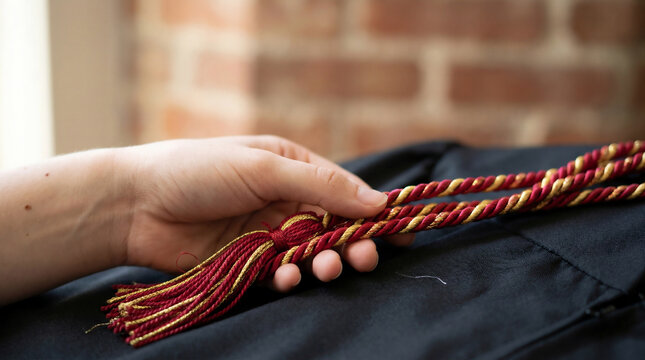 Crimson and Gold Honor Cord on Black Gown &ndash; Academic Achievement &ndash; Graduation Detail Macro &ndash; Soft Directional Window Light