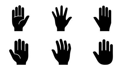 Fototapeta premium Black hand icons set, 6 human palm silhouettes, flat vector hand gestures for UI design