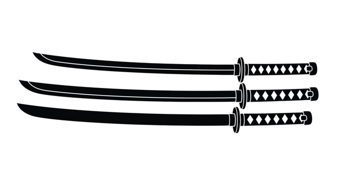 This image displays a trio of traditional japanese katanas presented in a stark black silhouette emphasizing their elegant forms high quality professional detailed modern