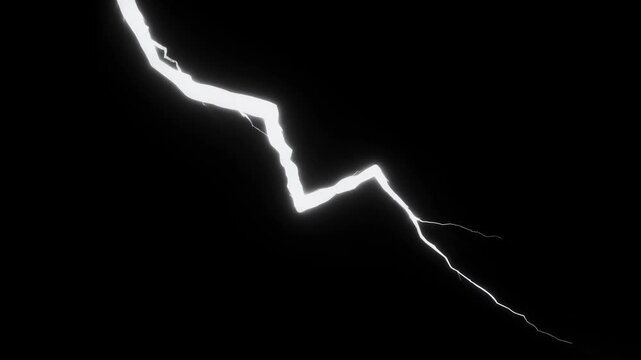 Minimalistic sharp white lightning flash with electric spark animation on black background, dynamic zigzag strike in a dark rainy scene, stormy night video footage
