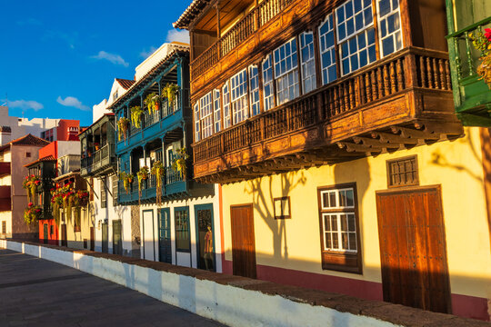 The Colorful Balconies of Avenida Maritima in Santa Cruz de la Palma, Canary islands, Spain. Traditional colonial architecture of Canary islands
