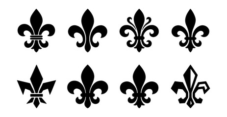 Vintage fleur de lis icons, 8 black heraldic lily symbols, royal floral vector set © Arman