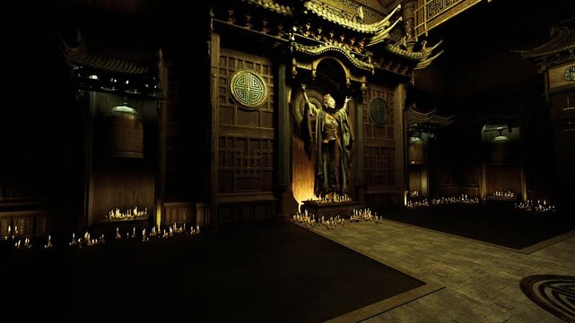 vast candlelit ritual chamber with ornate altar, expansive floor, low vaults and scattered votive flames, quiet grandeur and sense of ceremonial scale