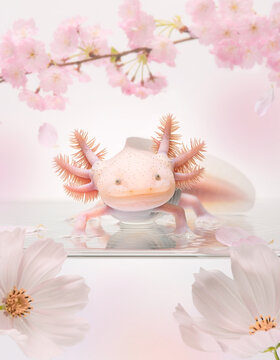 Baby axolotl with pink gill plumes and cherry blossoms