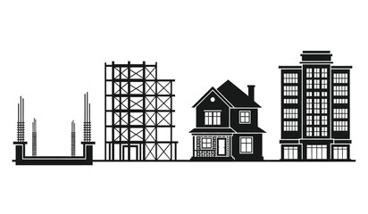 A striking black and white illustration displays buildings in various stages of construction from foundation to completion as a silhouette high quality professional detailed © Thysl2000