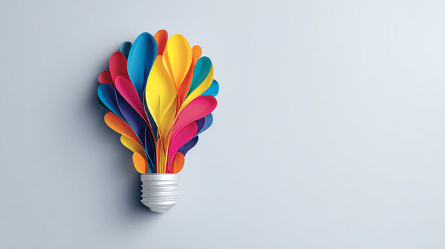Light bulb made of colorful paper petals. Creative concept of bright idea, inspiration and innovation. Brainstorming, startup business strategy and artistic design solution isolated.