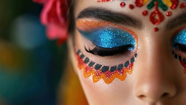 Colorful day of the dead makeup on woman with artistic face art. Cinco de Mayo, Battle of Puebla Day, Mexican Heritage Festival - Latin American Cultural Celebration