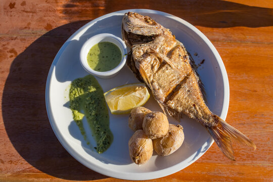 Delicious grilled redbanded seabream served with Mojo Verde sauce and canarian potatoes Papas Arrugadas on a wooden table