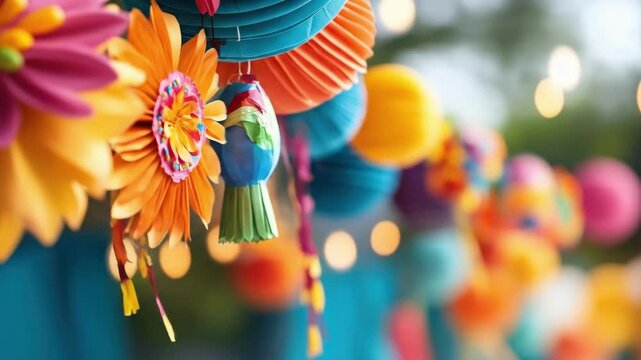 Colorful outdoor party decorations with paper flowers and lanterns. Cinco de Mayo, Battle of Puebla Day, Mexican Heritage Festival - Latin American Cultural Celebration