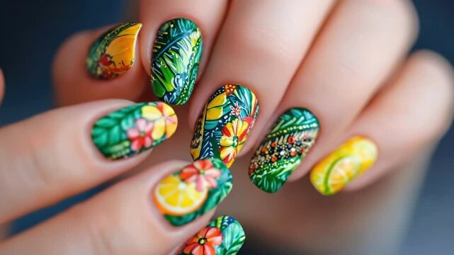 Vibrant floral nail art with tropical designs on woman's hand. Cinco de Mayo, Battle of Puebla Day, Mexican Heritage Festival - Latin American Cultural Celebration