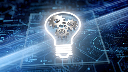 Fototapeta premium Creative innovation concept with glowing lightbulb and gears on digital interface, idea generation, problem solving, engineering process and advanced technology background