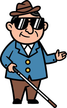 A cartoon illustration of a blind man wearing sunglasses and holding a cane on transparent background