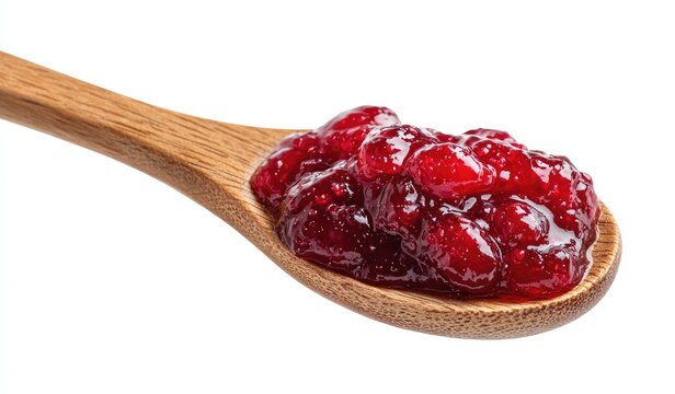 Close up of a wooden spoon filled with vibrant red cranberry sauce.