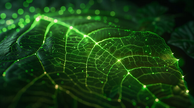 Extreme macro photography of a translucent organic leaf, subsurface scattering revealing complex glowing neon green circuitry and bioluminescent synapses, shot on 100mm f/2.8 macro len