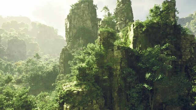 Overgrown stone pillars rising through canopy, dense foliage clinging to vertical faces, moss and ferns thriving in humid microclimate, primordial silence