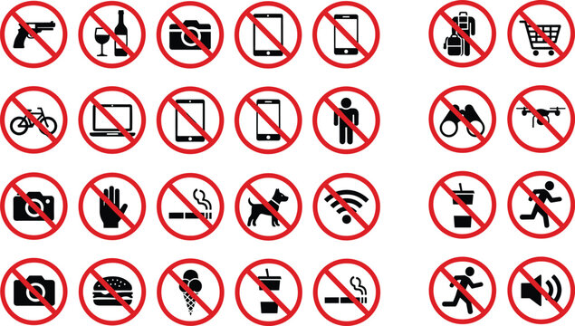 Collection of prohibition icons with red crossed symbols showing restricted items like weapons devices food pets and activities isolated on white background for signage design