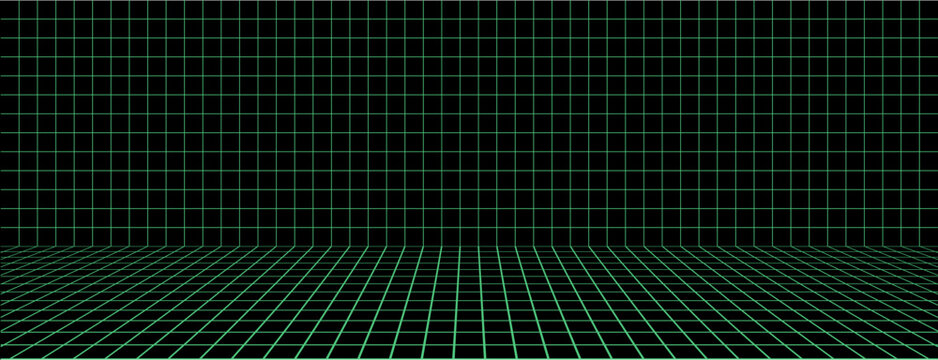 3d wireframe grid room space background. Digital wireframe grid room perspective geometry cube.