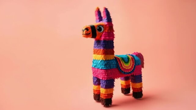 Colorful llama pinata on pink background for celebrations and parties. Cinco de Mayo, Battle of Puebla Day, Mexican Heritage Festival - Latin American Cultural Celebration
