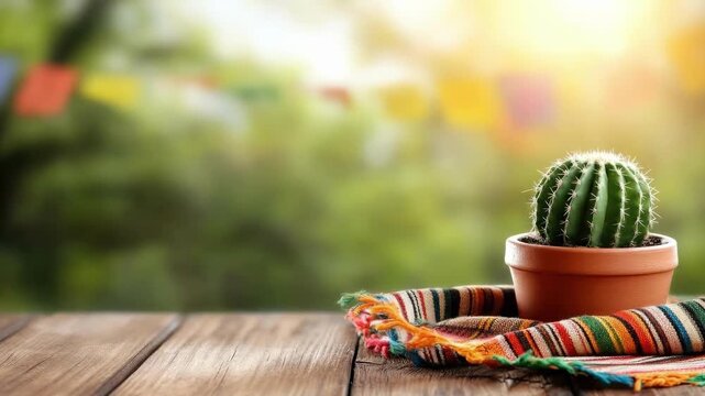 Vibrant cactus in colorful pot with bright flags against a sunlit outdoor background. Cinco de Mayo, Battle of Puebla Day, Mexican Heritage Festival - Latin American Cultural Celebration