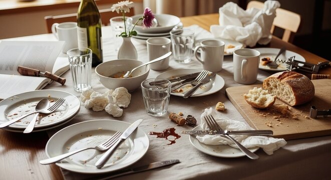 A messy dining table with plates, cups, and utensils scattered all over, indicating a chaotic meal.