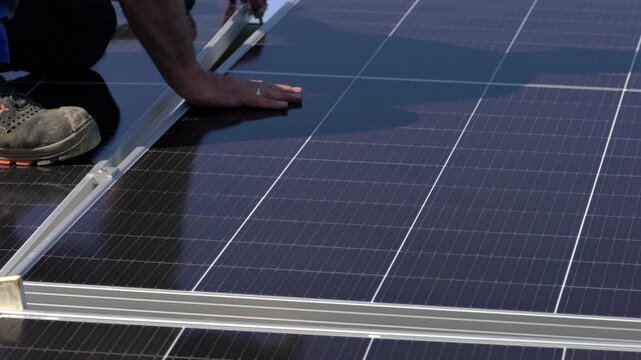 Construction of a Solar Power Plant, installation panels - (4K)