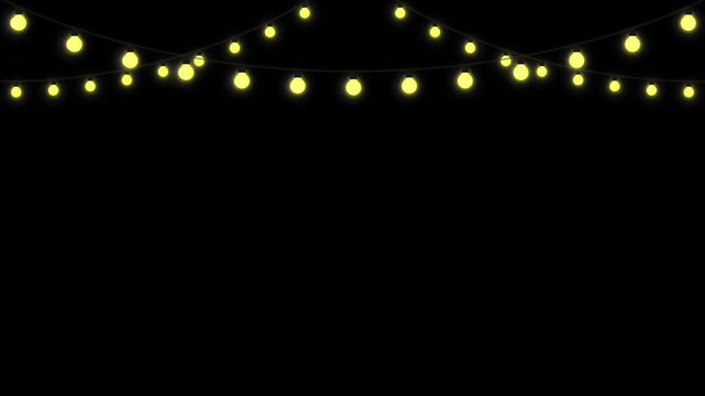 Multiple glowing decorative hanging yellow string lights animation with smooth motion on black background. 4K animated string light for cinematic intro, festive background, and motion graphics.