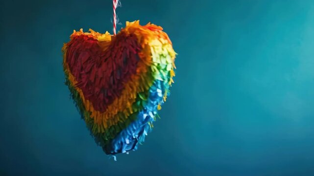 Colorful heart-shaped pinata with rainbow fringe on teal background. Cinco de Mayo, Battle of Puebla Day, Mexican Heritage Festival - Latin American Cultural Celebration