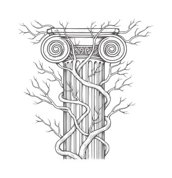 Ancient ionic column entwined with bare tree branches capital scroll volute