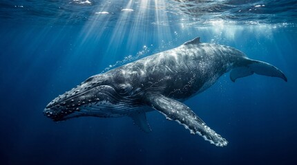 Naklejka premium Humpback whale gliding gracefully in deep ocean waters