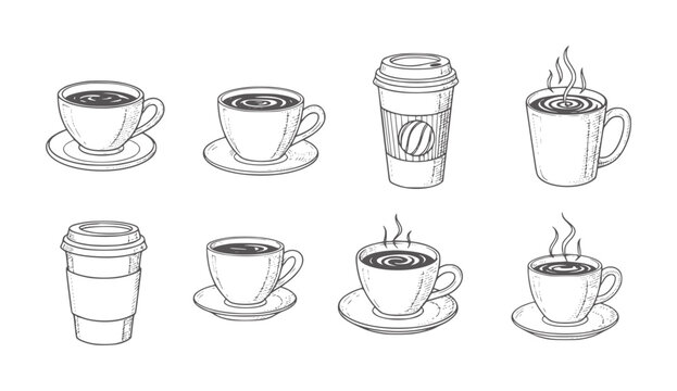 Collection of hand drawn coffee cups and to go cups beverage drink