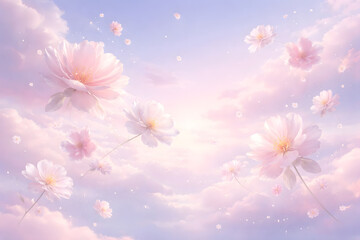 Obraz premium Dreamy floating flowers in soft pastel sky, surreal airy illustration with glowing light, smooth gradients and calm mood, minimal composition, ideal for backgrounds, wallpapers and romantic design. 