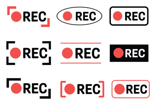 Set of nine recording indicator featuring red circles and black text r e c in various frames including brackets ovals rectangles and lines isolated on a white background