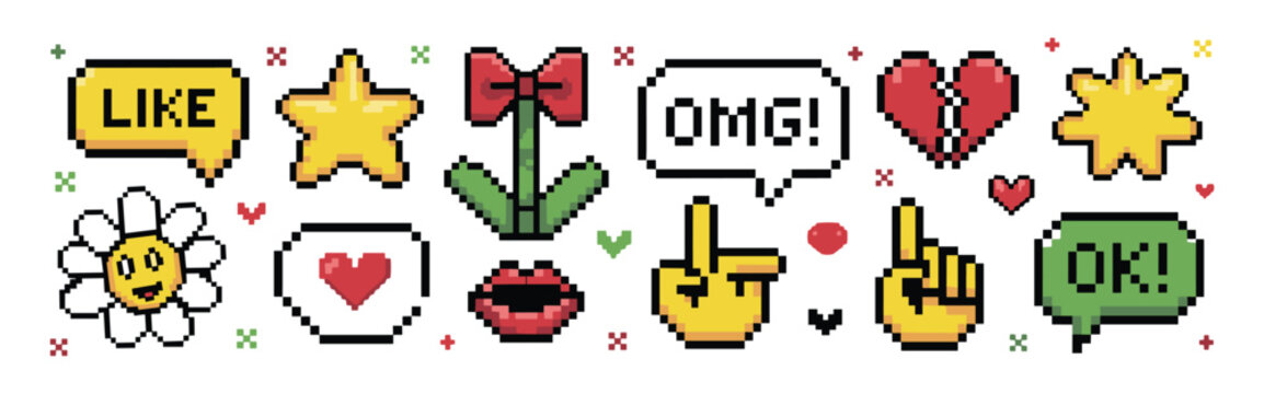 Pixel sticker set featuring speech bubbles with text like l i k e o m g and o k yellow stars a red bow a broken heart a smiling daisy flower red lips and yellow hand gestures