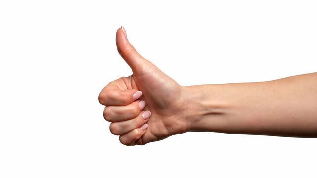Positive Approval Gesture of a Female Hand Showing Thumbs Up Against a White Background for Marketing and Customer Satisfaction.