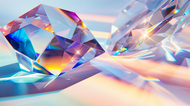  Extreme close-up of a faceted crystal prism, intense caustics lighting, chromatic aberration, realistic index of refraction, iridescent light leaks across a clean white surface, ultra-