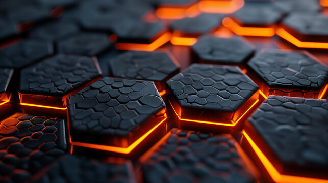  PBR texture of a dark gunmetal hexagon grid, micro-displacement mapping, industrial carbon fiber finish, intense 3000K orange LED light glowing from beneath the gaps, hard edge lightin