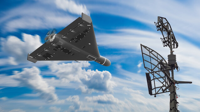 Defense technology, Radar surveillance. Unmanned aerial vehicle flies near radar system performing reconnaissance and monitoring airspace security.