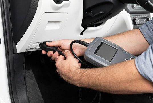 Auto mechanic plugging a diagnostic scanner into the OBD port under a car dashboard