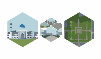 Naklejka premium Islamic Madrasa Campus Hexagon Collage Vector Illustration Bangladesh