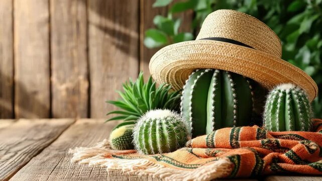 Rustic display of cacti with straw hat on wooden surface. Cinco de Mayo, Battle of Puebla Day, Mexican Heritage Festival - Latin American Cultural Celebration