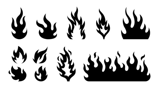 Conjunto de iconos de llamas de fuego. Representa energ&iacute;a, calor y peligro. Incluye incendio, alerta, explosi&oacute;n, chispa, combusti&oacute;n, aumento y control. Ilustraci&oacute;n vectorial