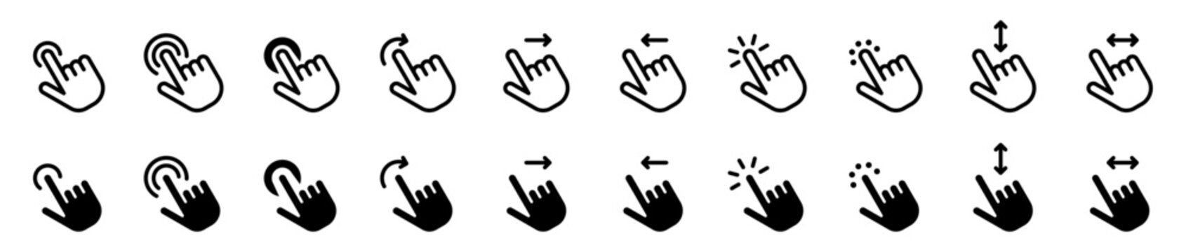 Conjunto de iconos de clic t&aacute;ctil. Representa interacci&oacute;n en pantallas. Incluye tocar, doble clic, mantener pulsado, deslizar, arrastrar, seleccionar. Ilustraci&oacute;n vectorial