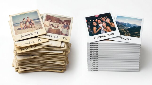 old and new polaroid photo frames stacks isolated