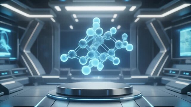 Sterile Futuristic Laboratory Glowing Hologram Complex Protein Molecule Structure, Biotech Research Science Concept