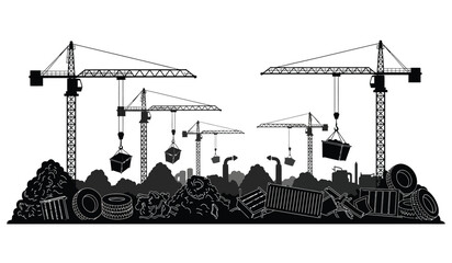 A striking black and white illustration depicts multiple construction cranes dominating a landscape filled with debris and rubble a dramatic silhouette high quality professional © Thysl2000
