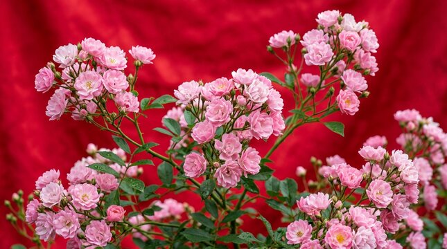 Polyantha rose flowers on vivid red background